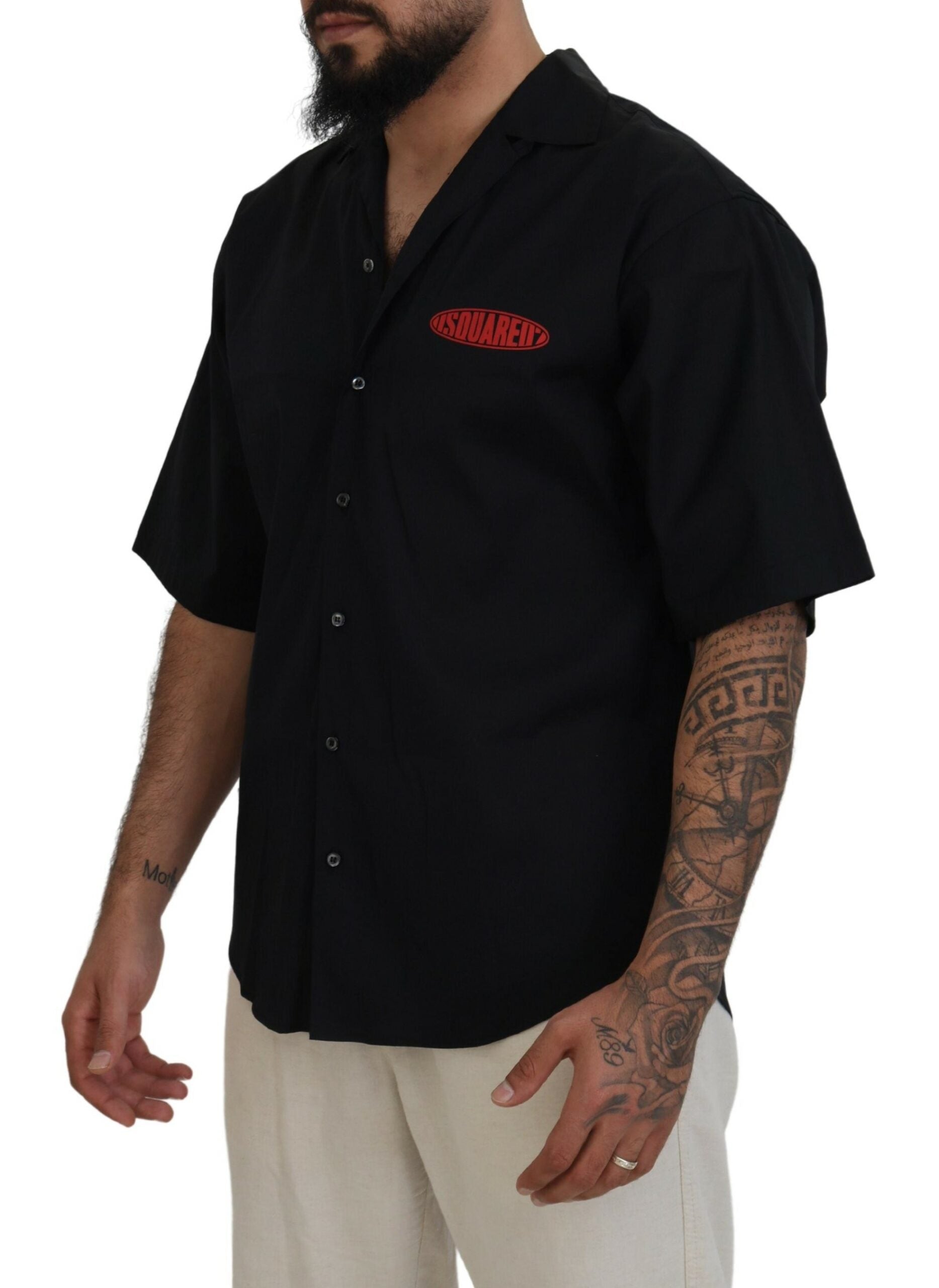 Dsquared² Black Cotton Collared Logo Print Short Sleeve Shirt by Dsquared²
