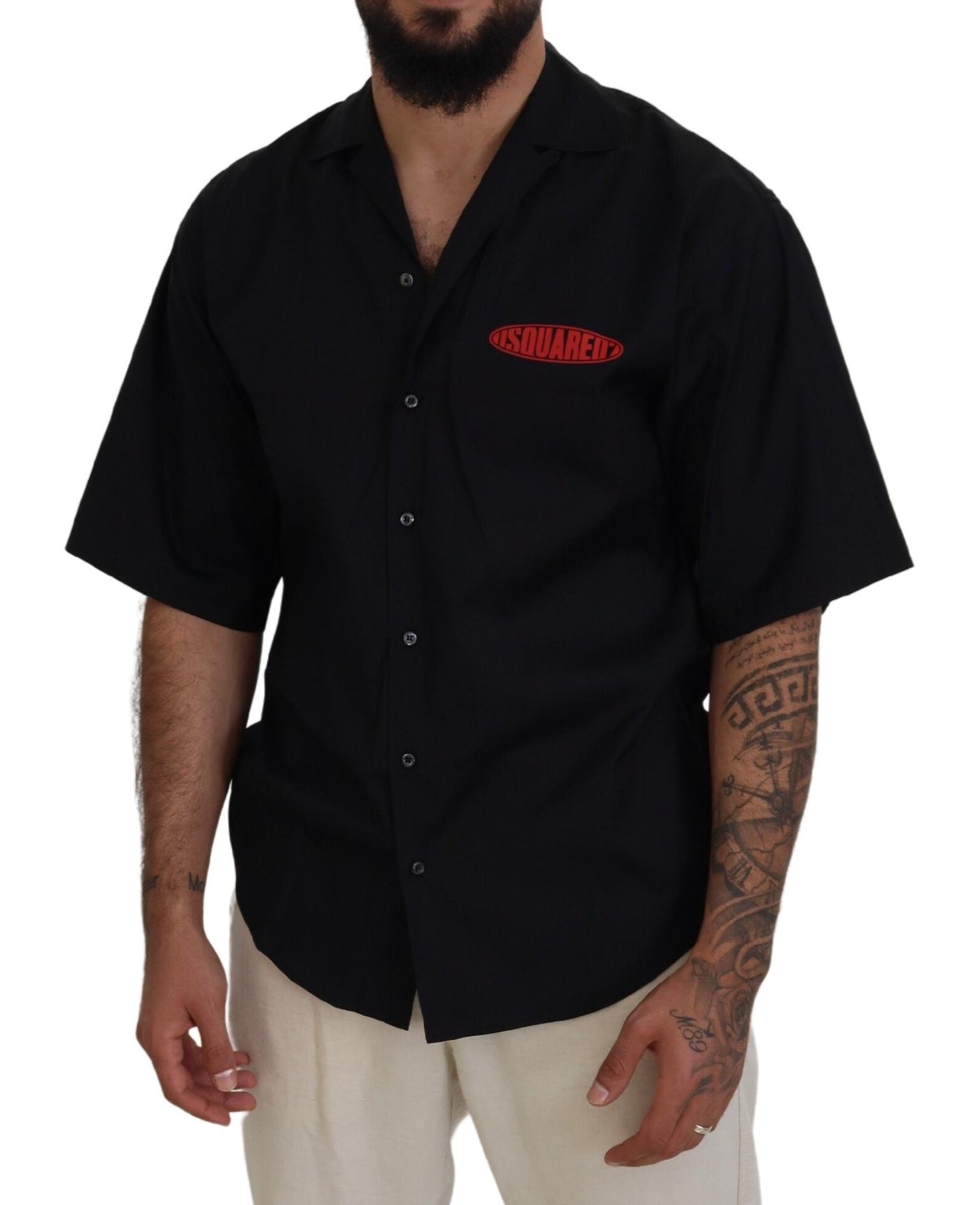 Dsquared² Black Cotton Collared Logo Print Short Sleeve Shirt by Dsquared²
