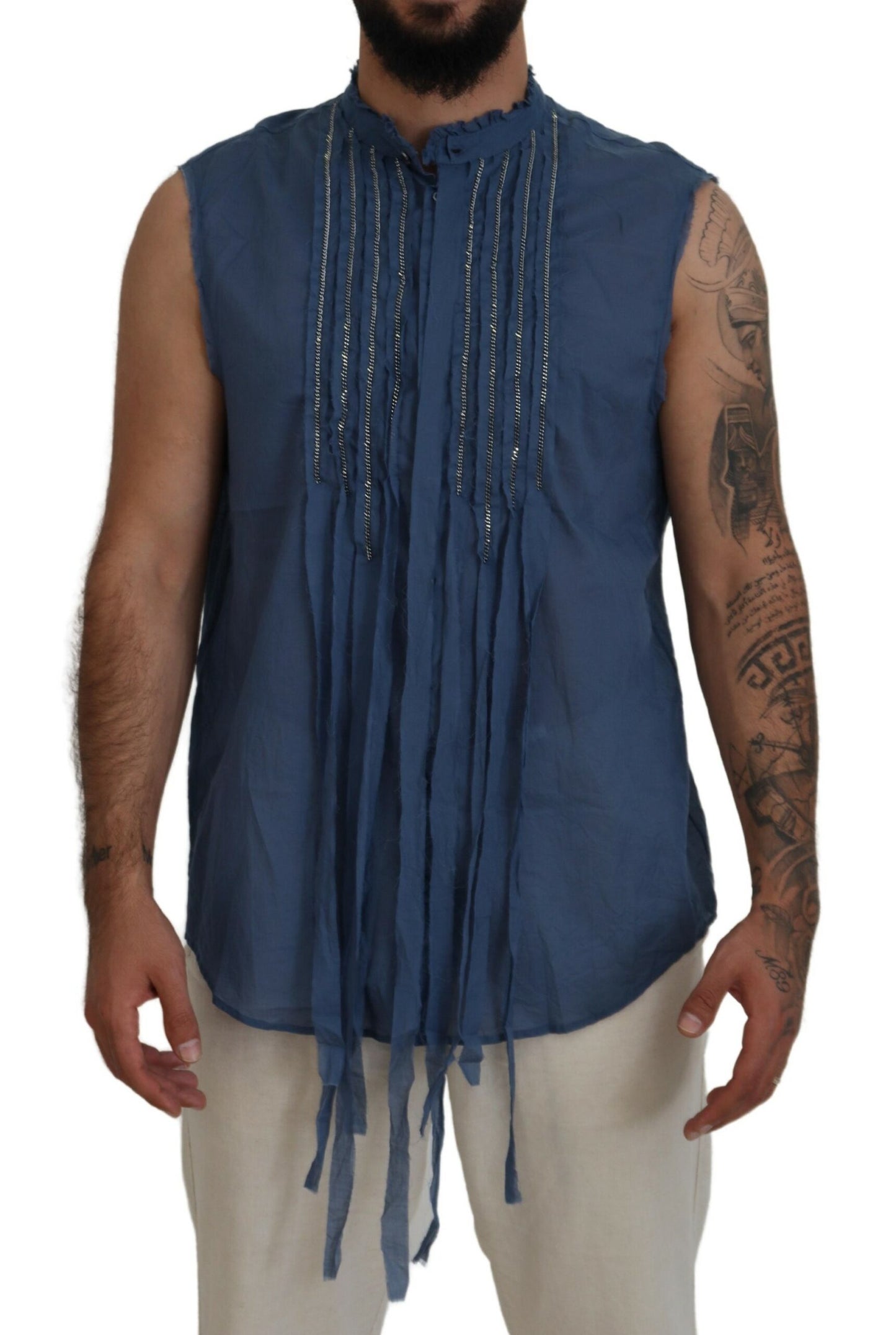 Dsquared² Blue Cotton Chain Embellishment Sleeveless Shirt by Dsquared²