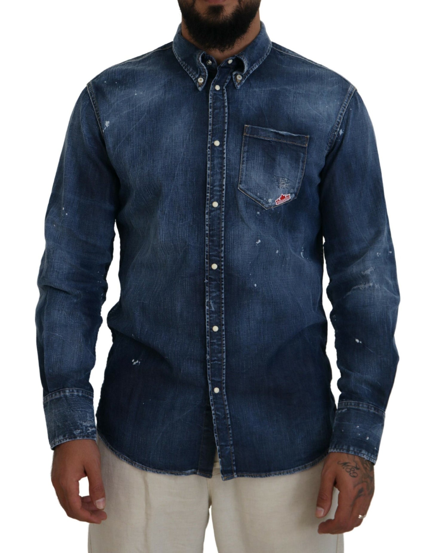 Dsquared² Blue Washed Collared Men Casual Long Sleeves Shirt by Dsquared²