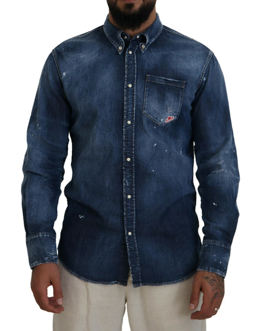 Dsquared² Blue Washed Collared Men Casual Long Sleeves Shirt by Dsquared²