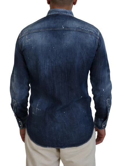 Dsquared² Blue Washed Collared Men Casual Long Sleeves Shirt by Dsquared²