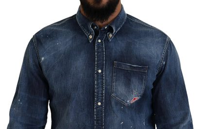 Dsquared² Blue Washed Collared Men Casual Long Sleeves Shirt by Dsquared²