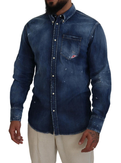 Dsquared² Blue Washed Collared Men Casual Long Sleeves Shirt by Dsquared²
