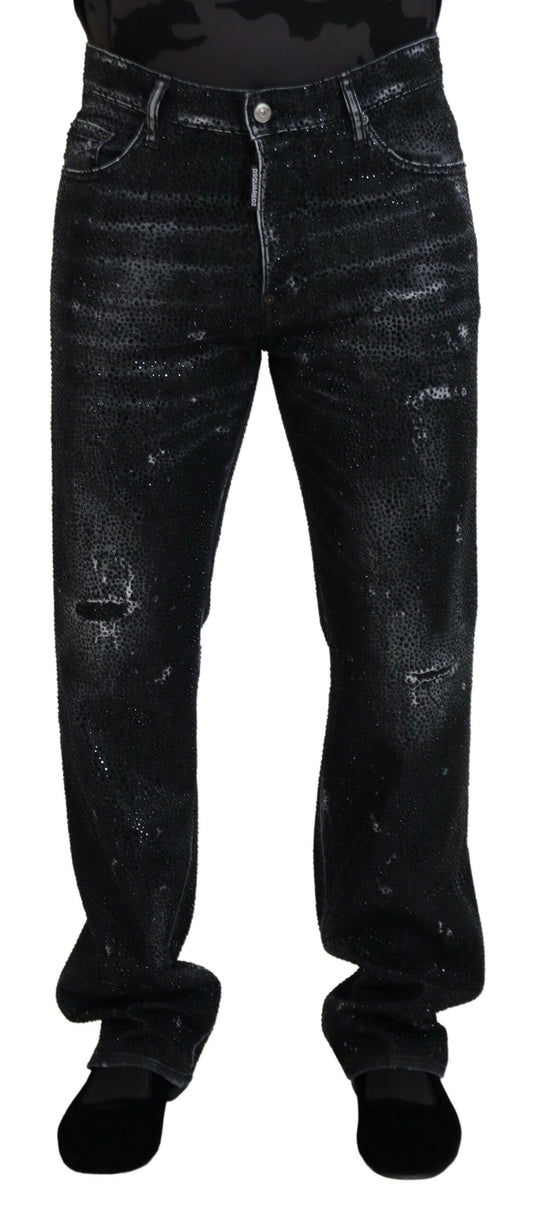 Dsquared² Black Crystal Embellished Tattered Denim Jeans by Dsquared²
