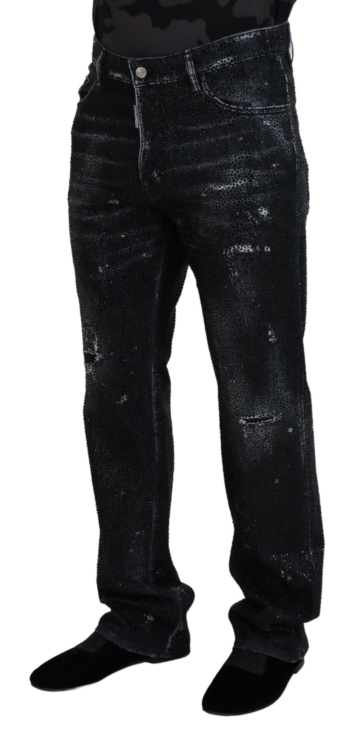 Dsquared² Black Crystal Embellished Tattered Denim Jeans by Dsquared²