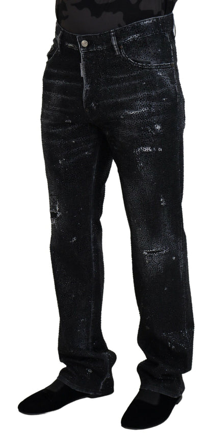 Dsquared² Black Crystal Embellished Tattered Denim Jeans by Dsquared²