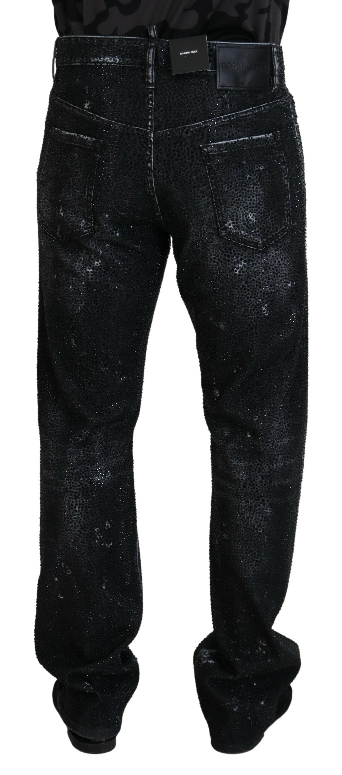 Dsquared² Black Crystal Embellished Tattered Denim Jeans by Dsquared²