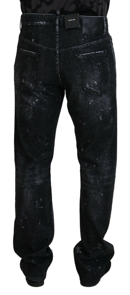Dsquared² Black Crystal Embellished Tattered Denim Jeans by Dsquared²