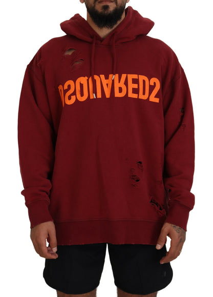 Dsquared² Maroon Cotton Tattered Hooded Printed Pullover Sweater by Dsquared²