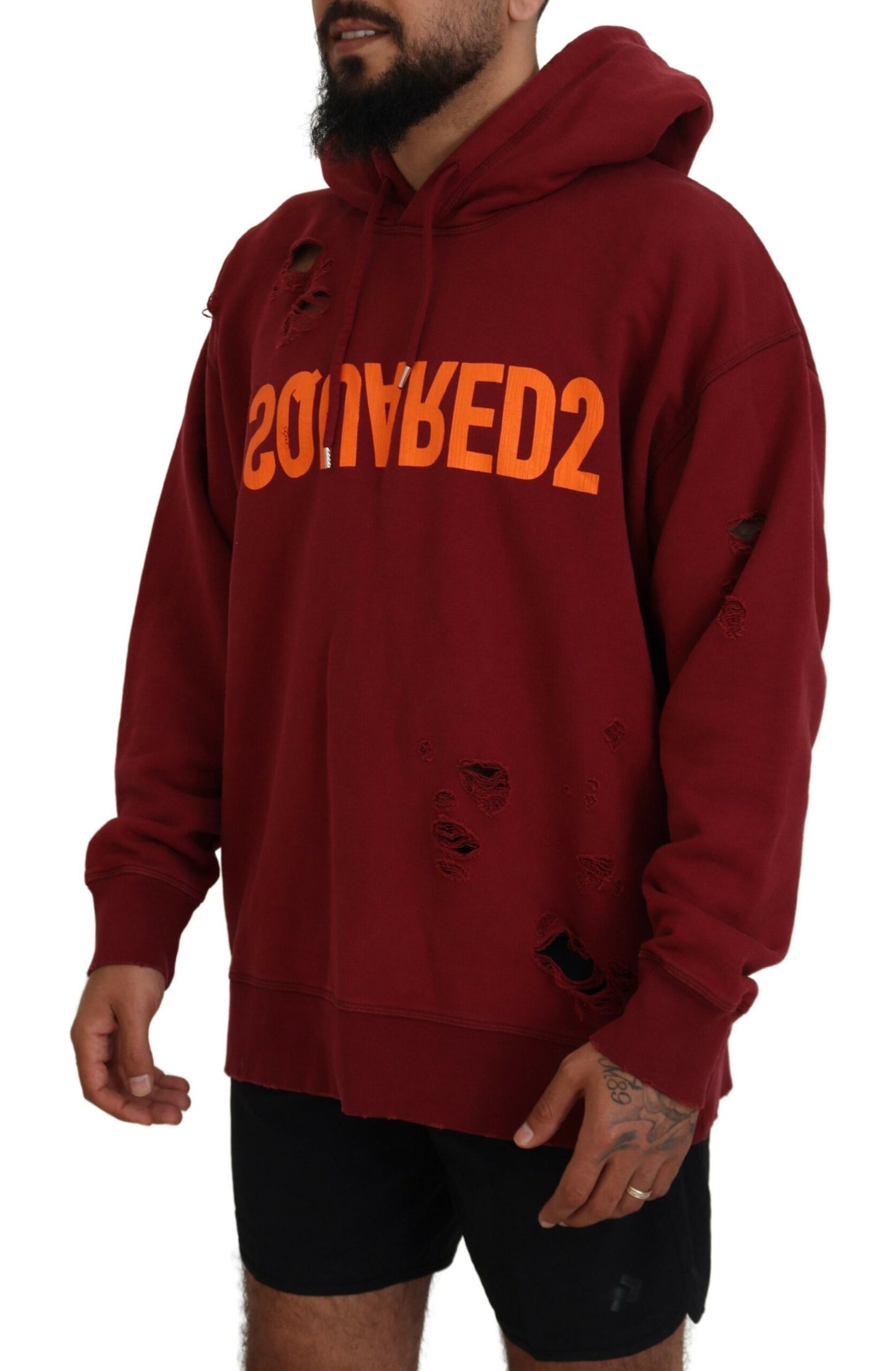 Dsquared² Maroon Cotton Tattered Hooded Printed Pullover Sweater by Dsquared²