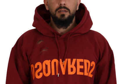 Dsquared² Maroon Cotton Tattered Hooded Printed Pullover Sweater by Dsquared²