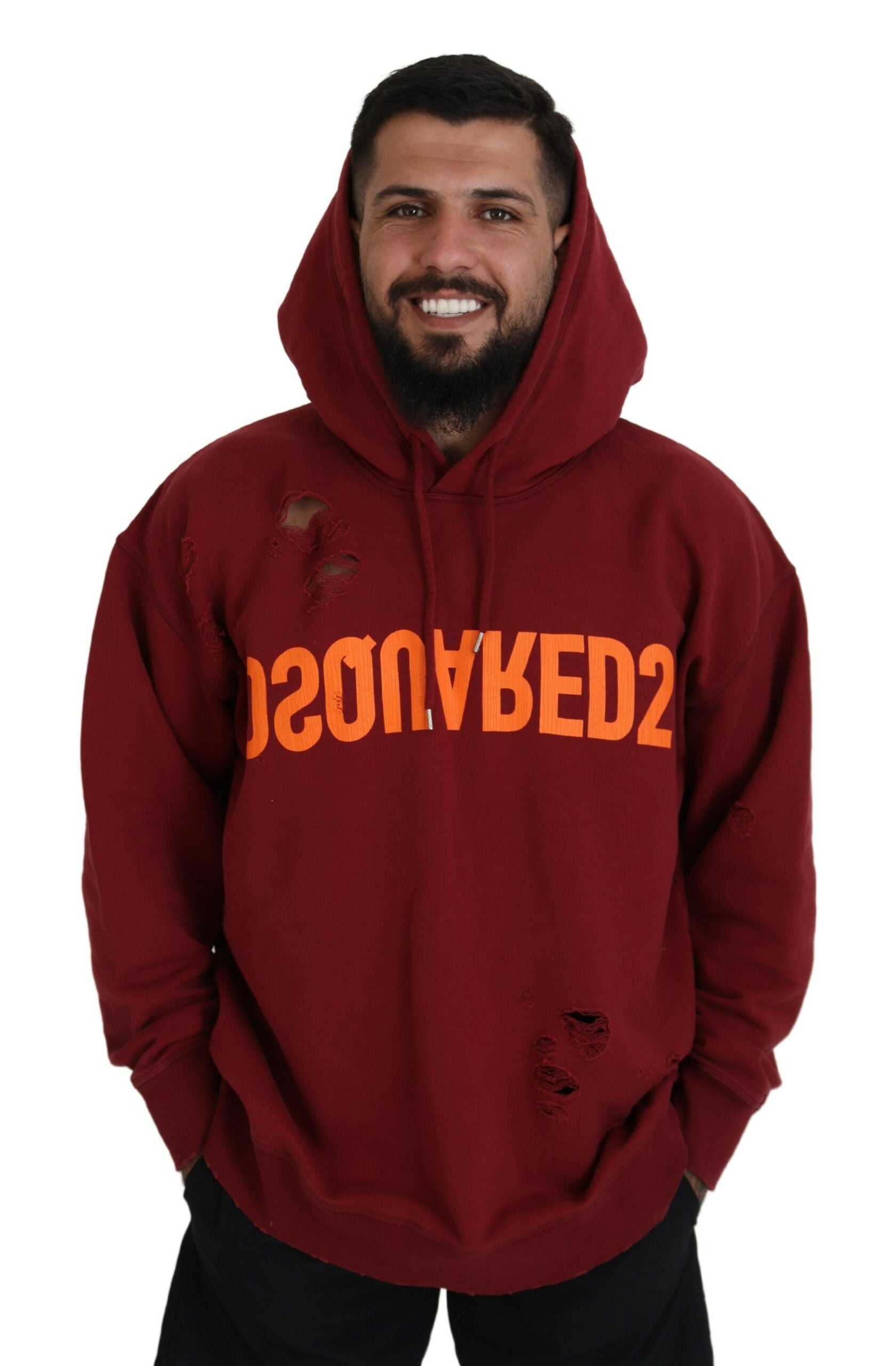 Dsquared² Maroon Cotton Tattered Hooded Printed Pullover Sweater by Dsquared²
