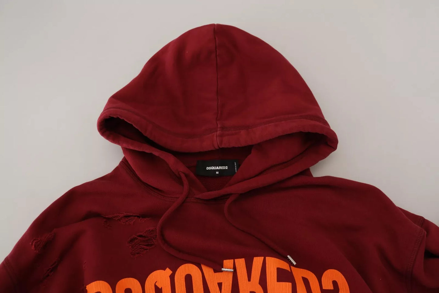 Dsquared² Maroon Cotton Tattered Hooded Printed Pullover Sweater by Dsquared²