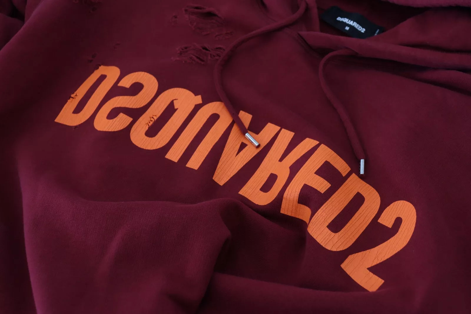 Dsquared² Maroon Cotton Tattered Hooded Printed Pullover Sweater by Dsquared²