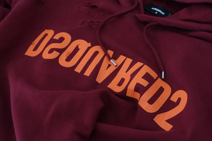 Dsquared² Maroon Cotton Tattered Hooded Printed Pullover Sweater by Dsquared²