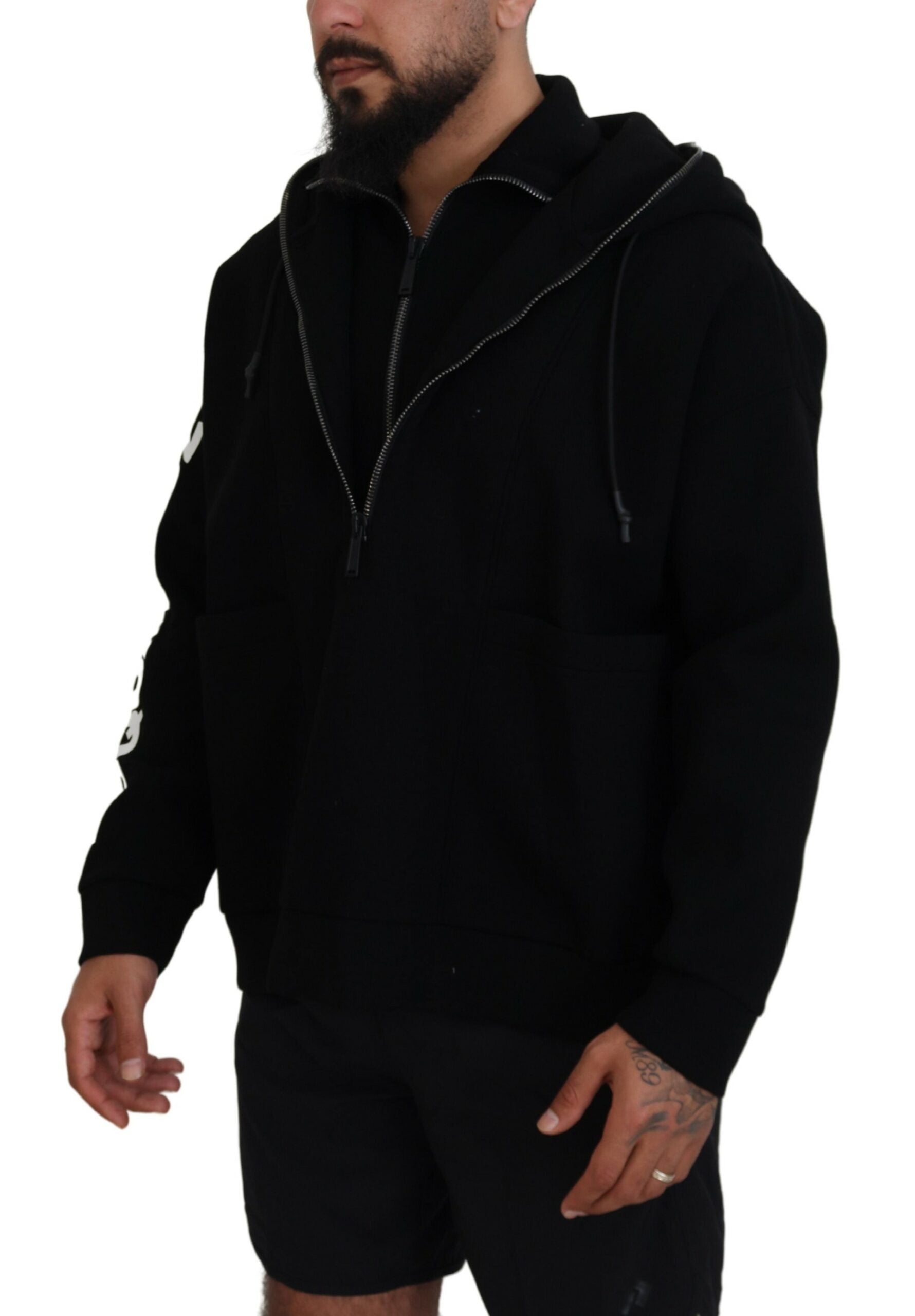 Dsquared² Black Hooded Printed Sleeves Double Zip Sweater by Dsquared²