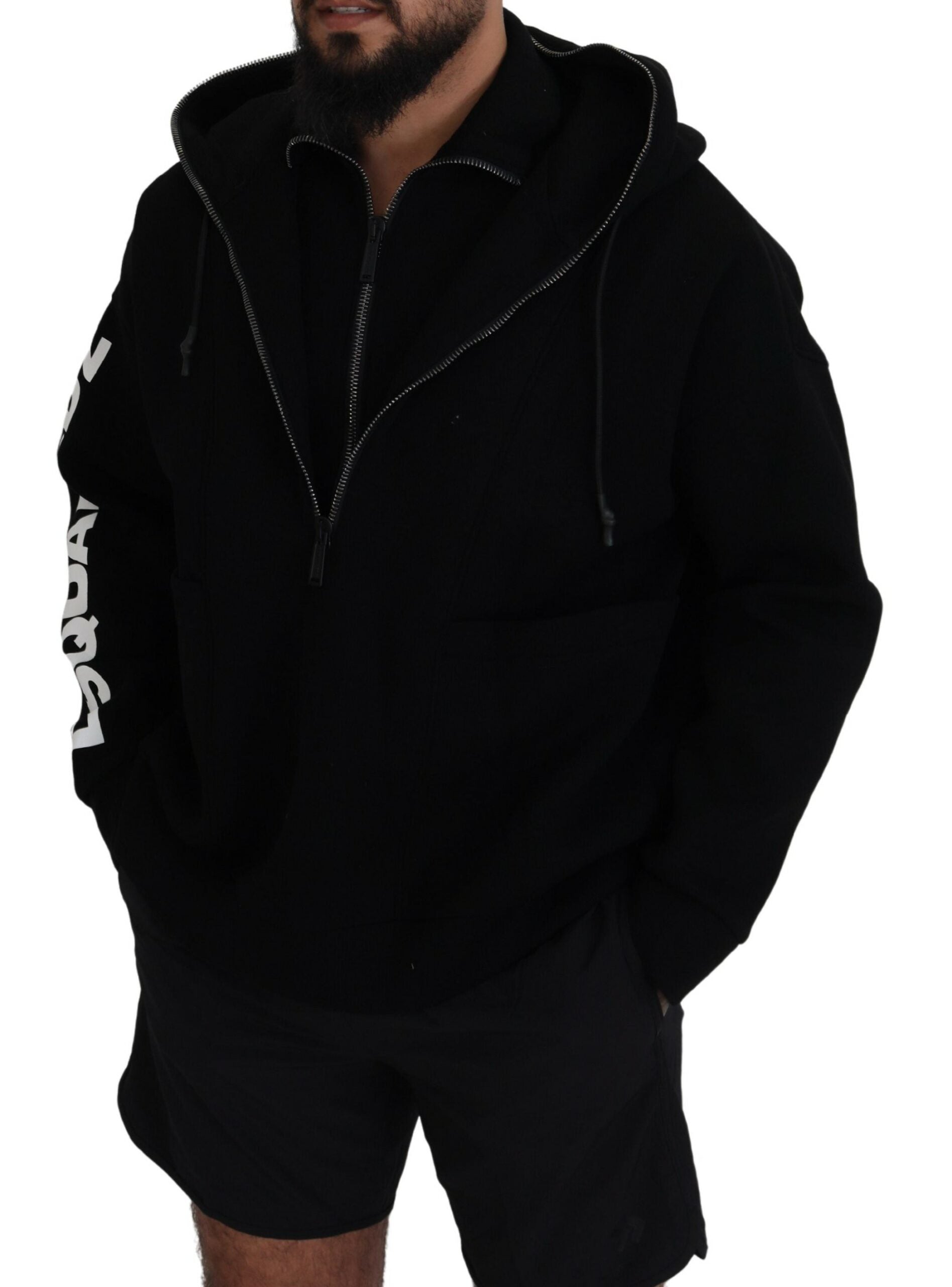 Dsquared² Black Hooded Printed Sleeves Double Zip Sweater by Dsquared²