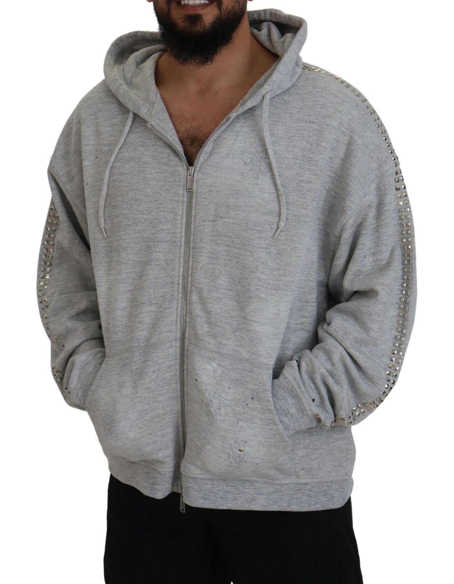 Dsquared² Gray Hooded Printed Crystal Embellishment Sweater by Dsquared²