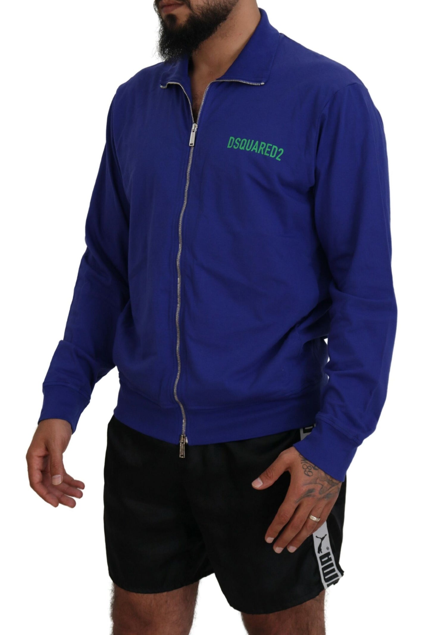 Dsquared² Blue Cotton Printed Collared Men Full Zip Sweater by Dsquared²