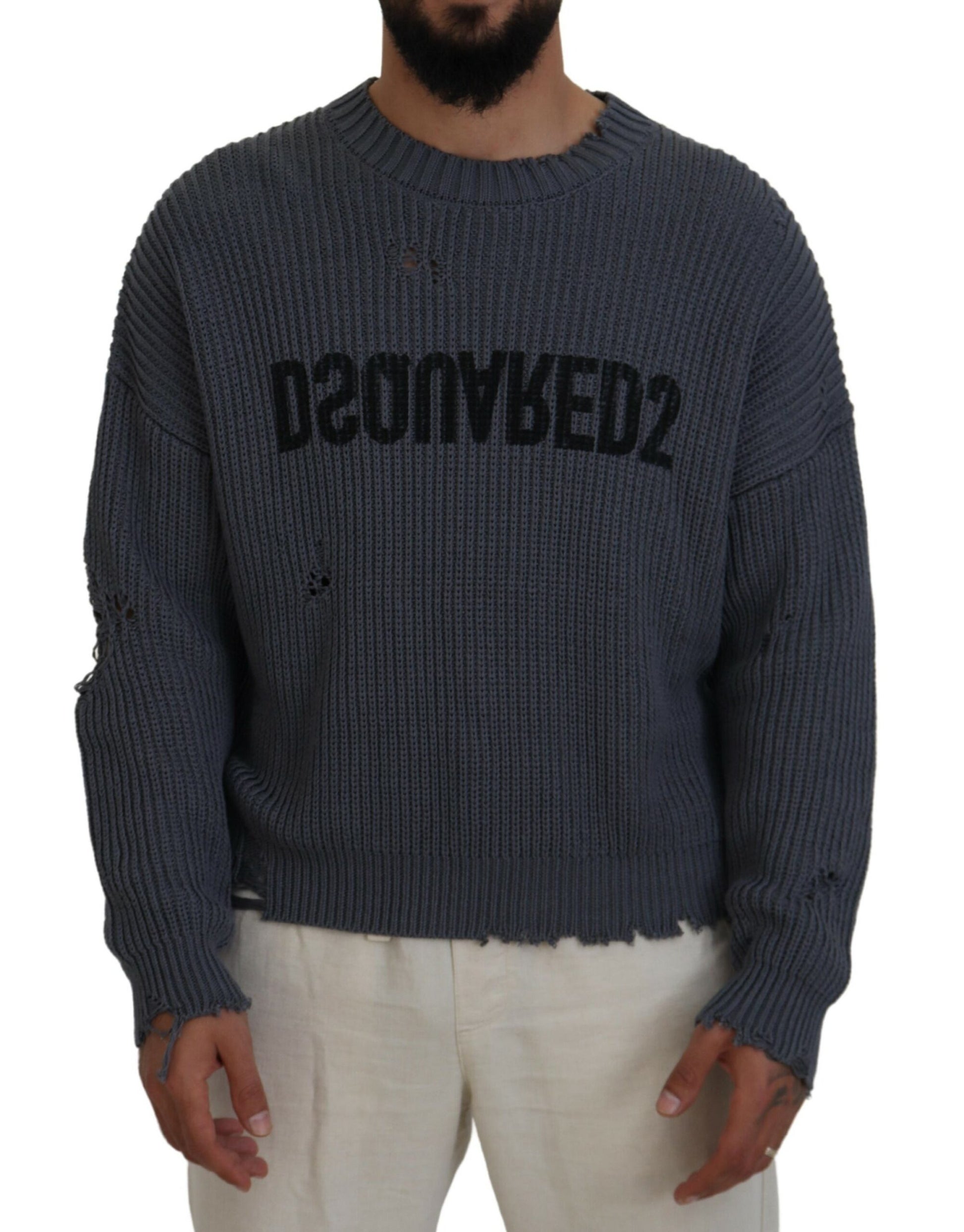 Dsquared² Gray Men Tattered Knitted Pullover Sweater by Dsquared²