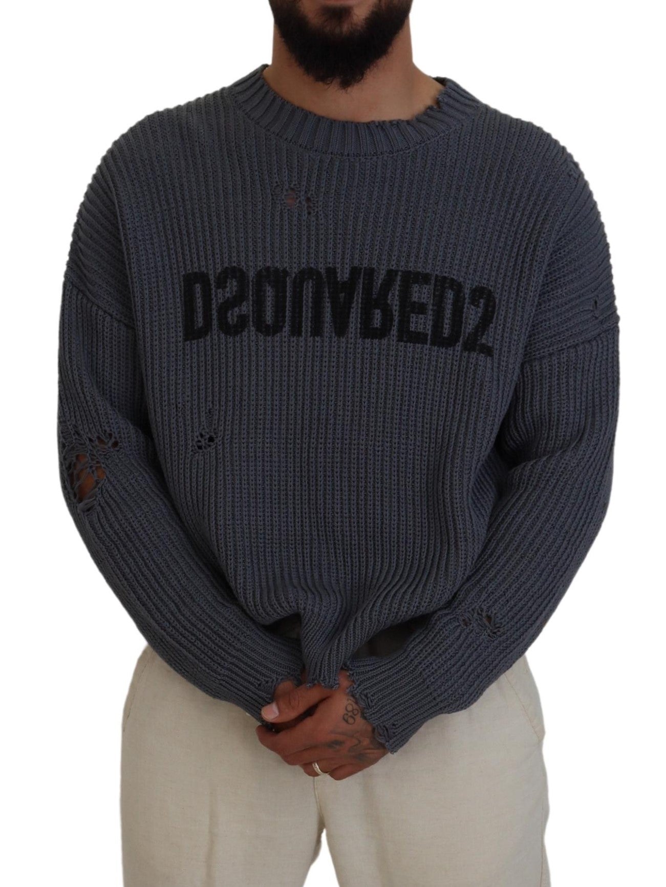 Dsquared² Gray Men Tattered Knitted Pullover Sweater by Dsquared²