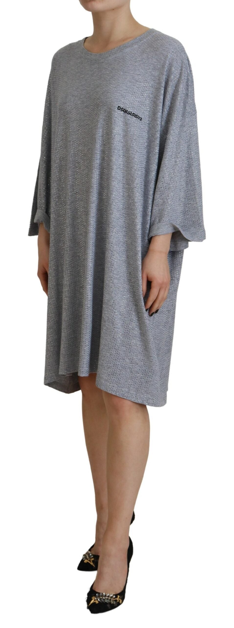 Dsquared² Gray Crystal Embellished Cotton Long Sleeves Dress by Dsquared²