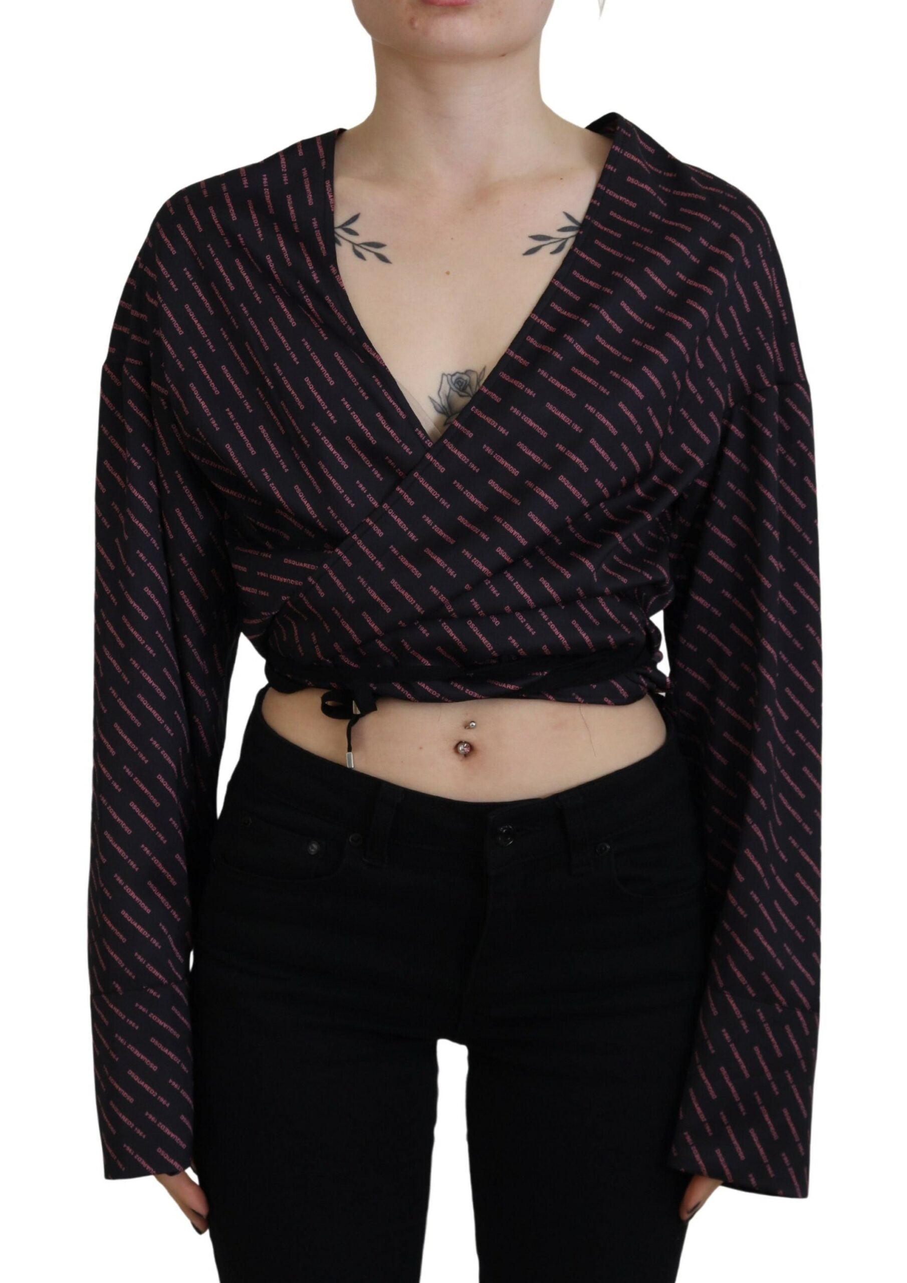 Dsquared² Black Polyester Cropped Logo Printed Blouse Top by Dsquared²