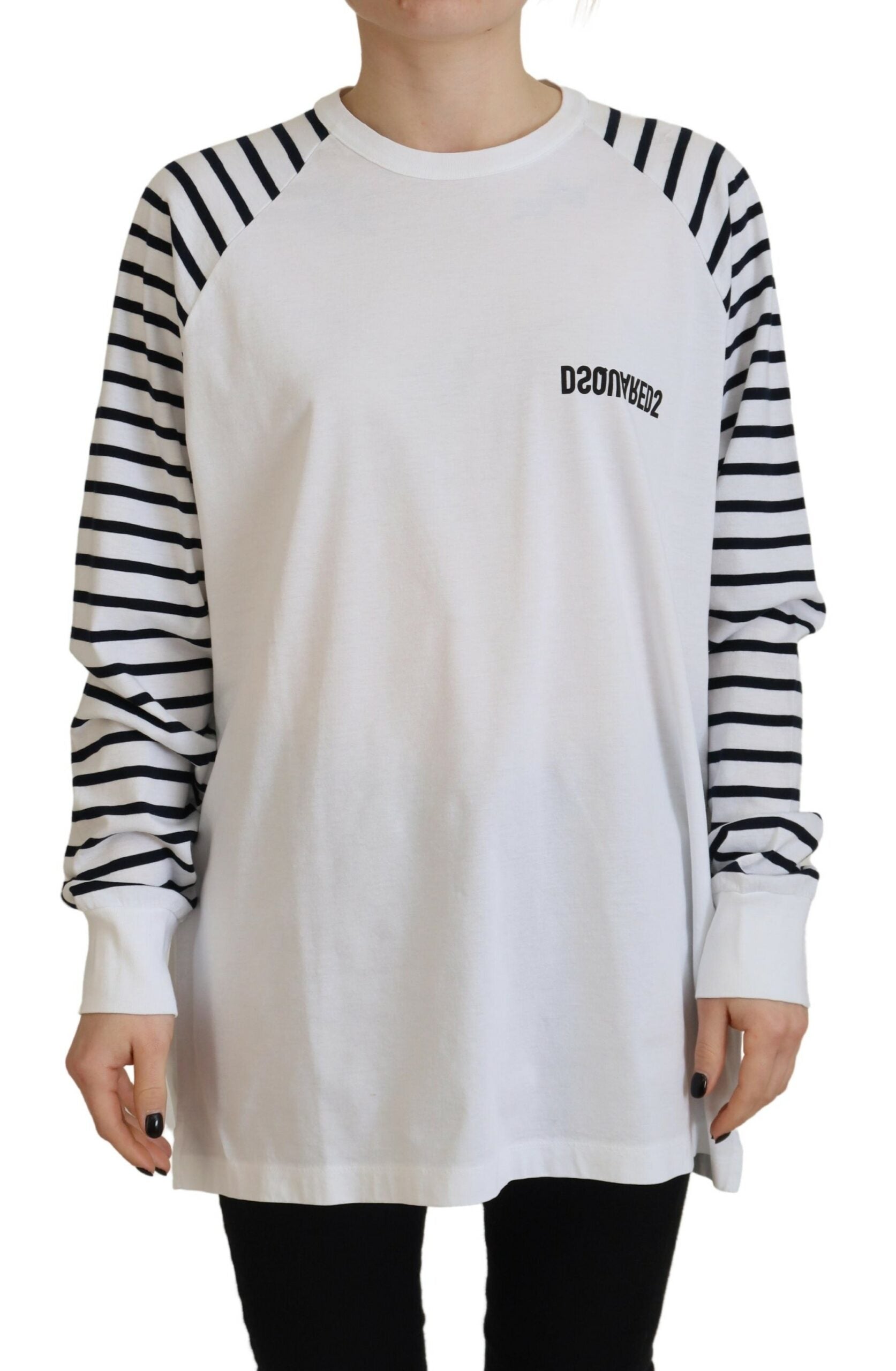 Dsquared² White Cotton Striped Crew Neck Short Sleeve Sweater by Dsquared²