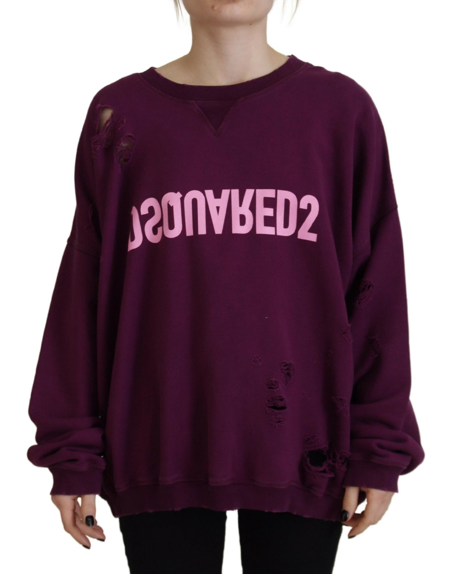 Dsquared² Purple Cotton Distressed Printed Long Sleeve Sweater by Dsquared²
