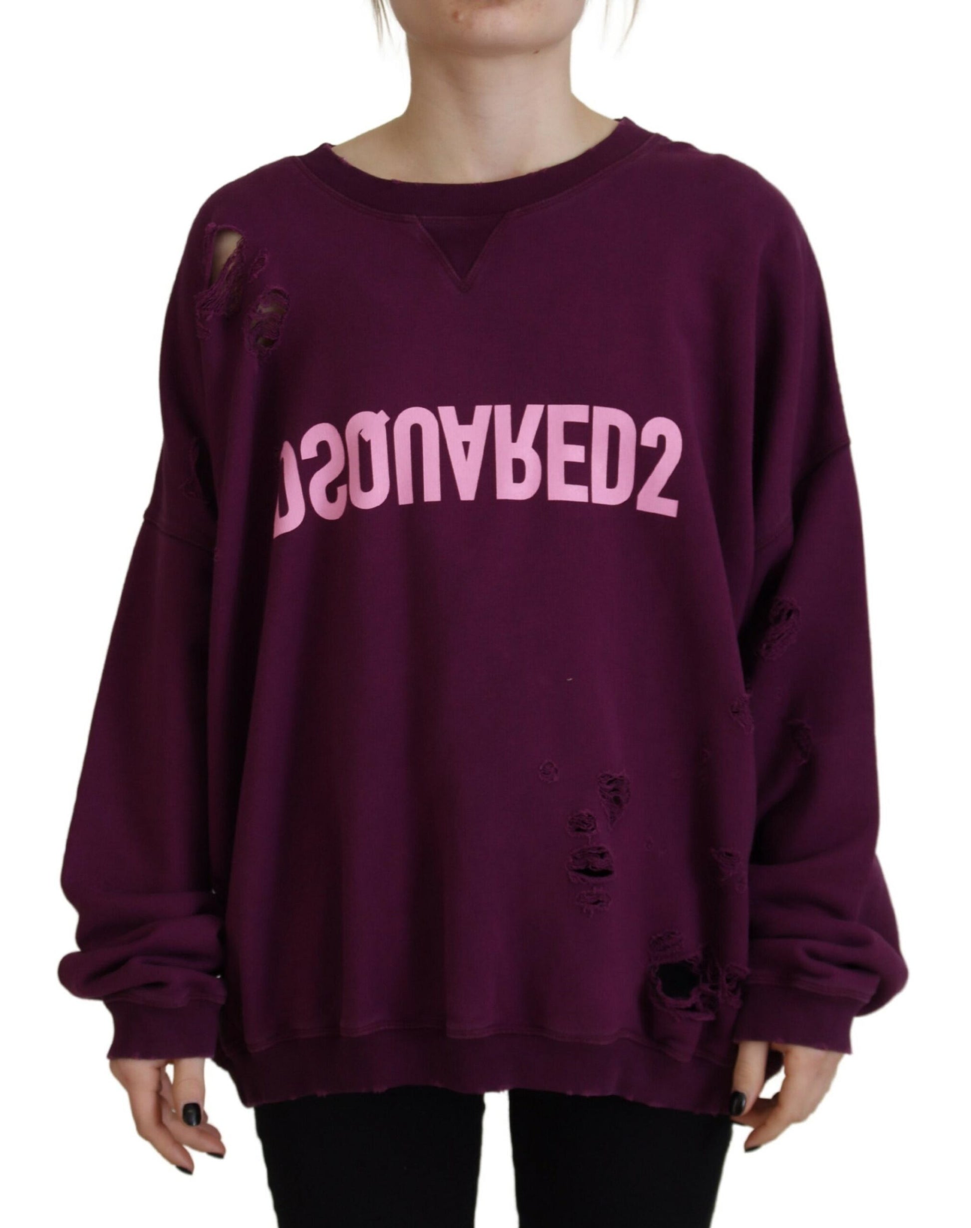 Dsquared² Purple Cotton Distressed Printed Long Sleeve Sweater by Dsquared²