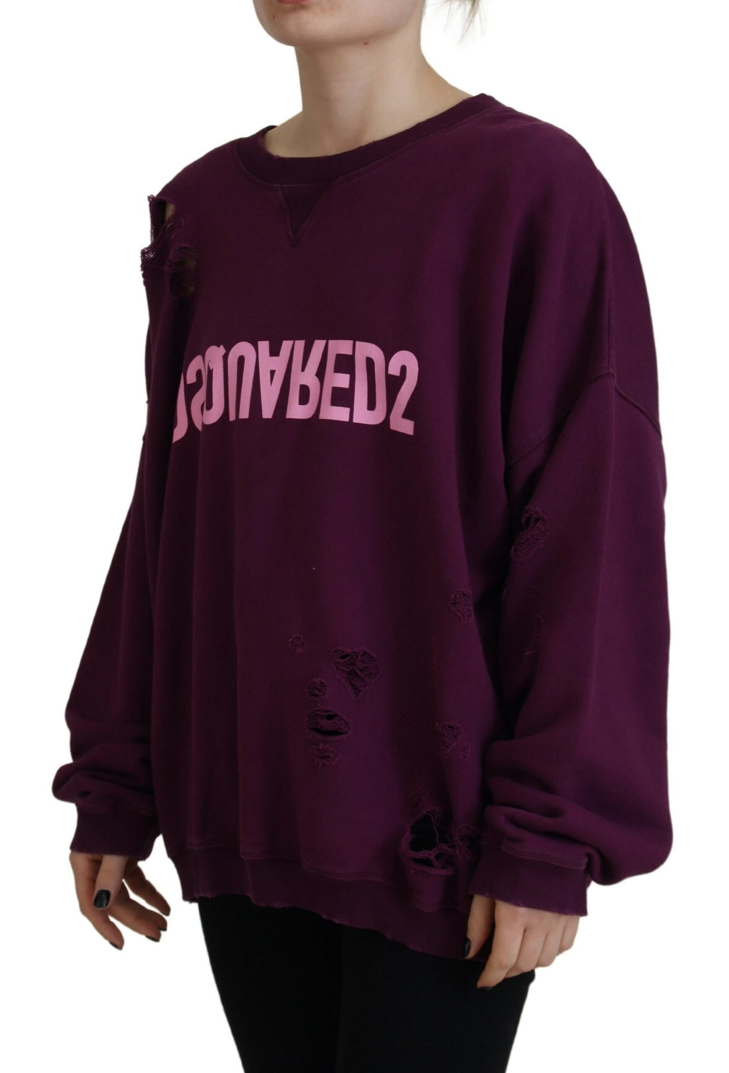 Dsquared² Purple Cotton Distressed Printed Long Sleeve Sweater by Dsquared²