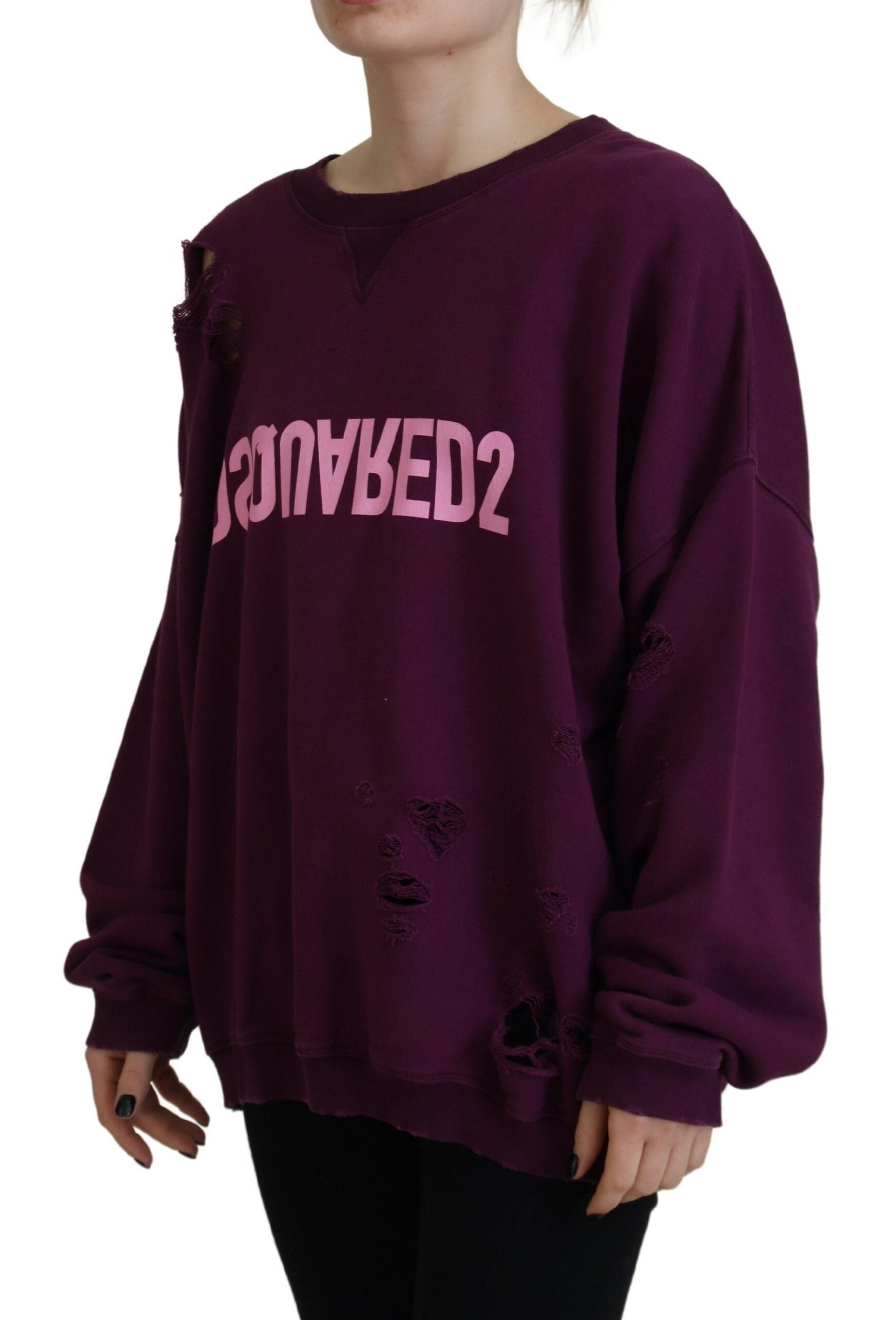 Dsquared² Purple Cotton Distressed Printed Long Sleeve Sweater by Dsquared²