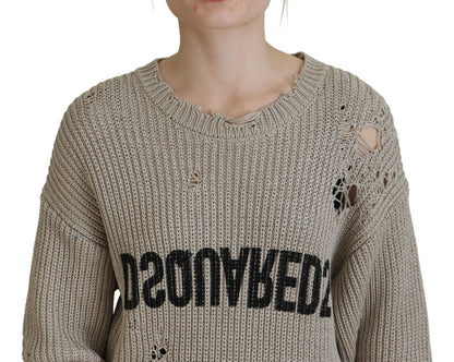Dsquared² Beige Cotton Knitted Crewneck Pullover Sweater by Dsquared²