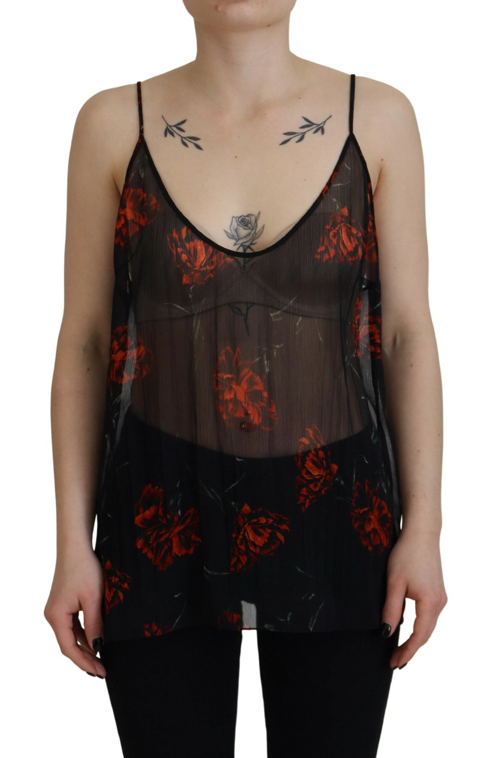 Dsquared² Black Floral Print Spaghetti Strap Tank Blouse Top by Dsquared²