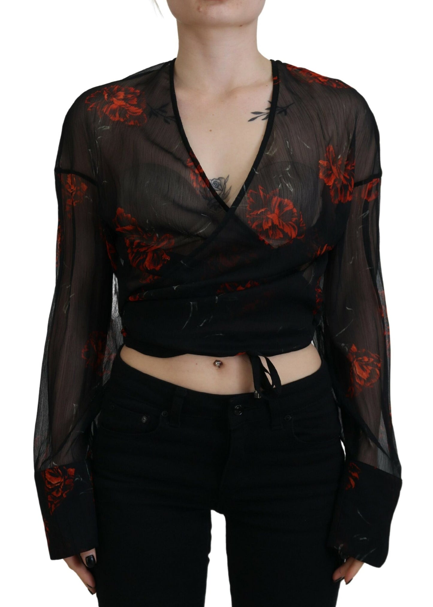 Dsquared² Black Floral Print Cropped Wrap Long Sleeves Top by Dsquared²
