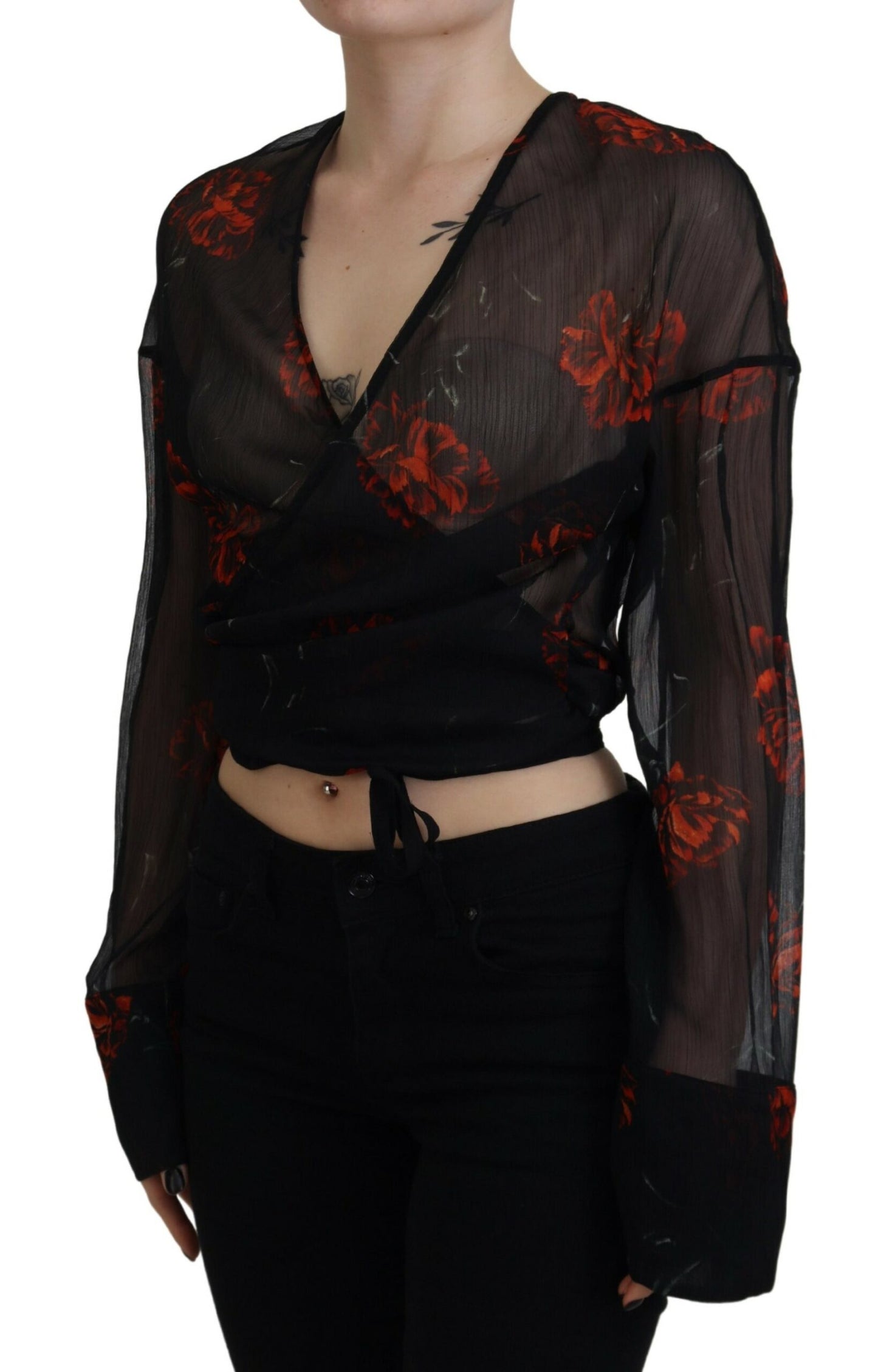Dsquared² Black Floral Print Cropped Wrap Long Sleeves Top by Dsquared²