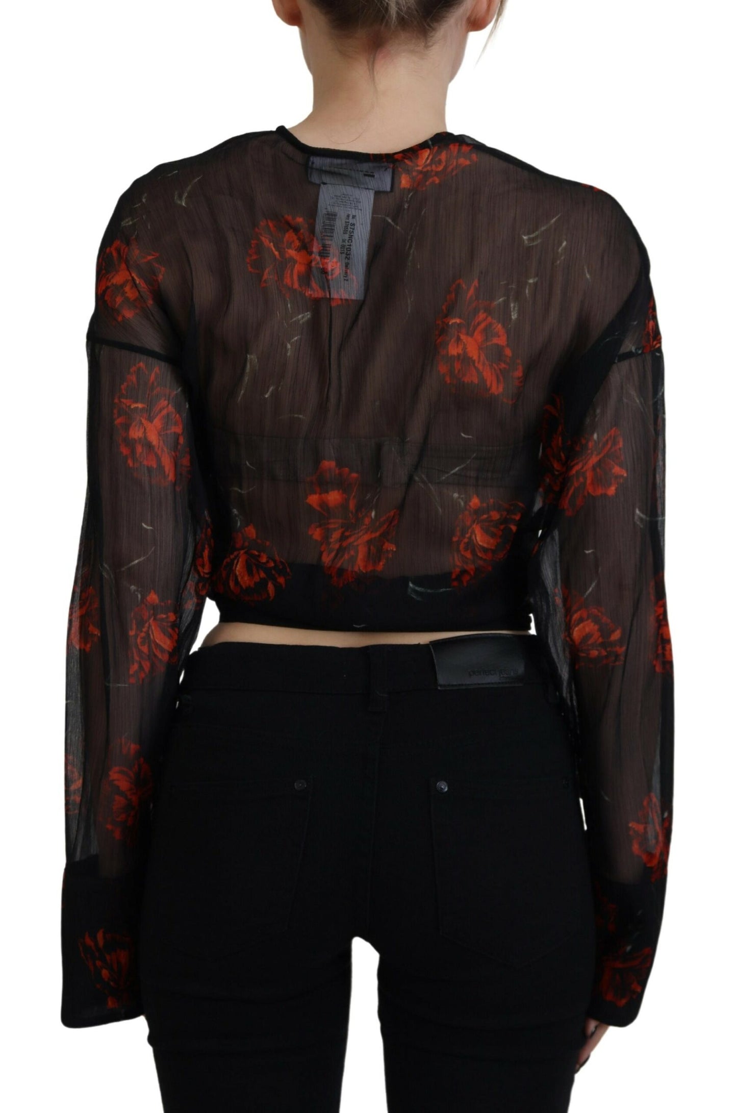 Dsquared² Black Floral Print Cropped Wrap Long Sleeves Top by Dsquared²