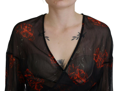 Dsquared² Black Floral Print Cropped Wrap Long Sleeves Top by Dsquared²