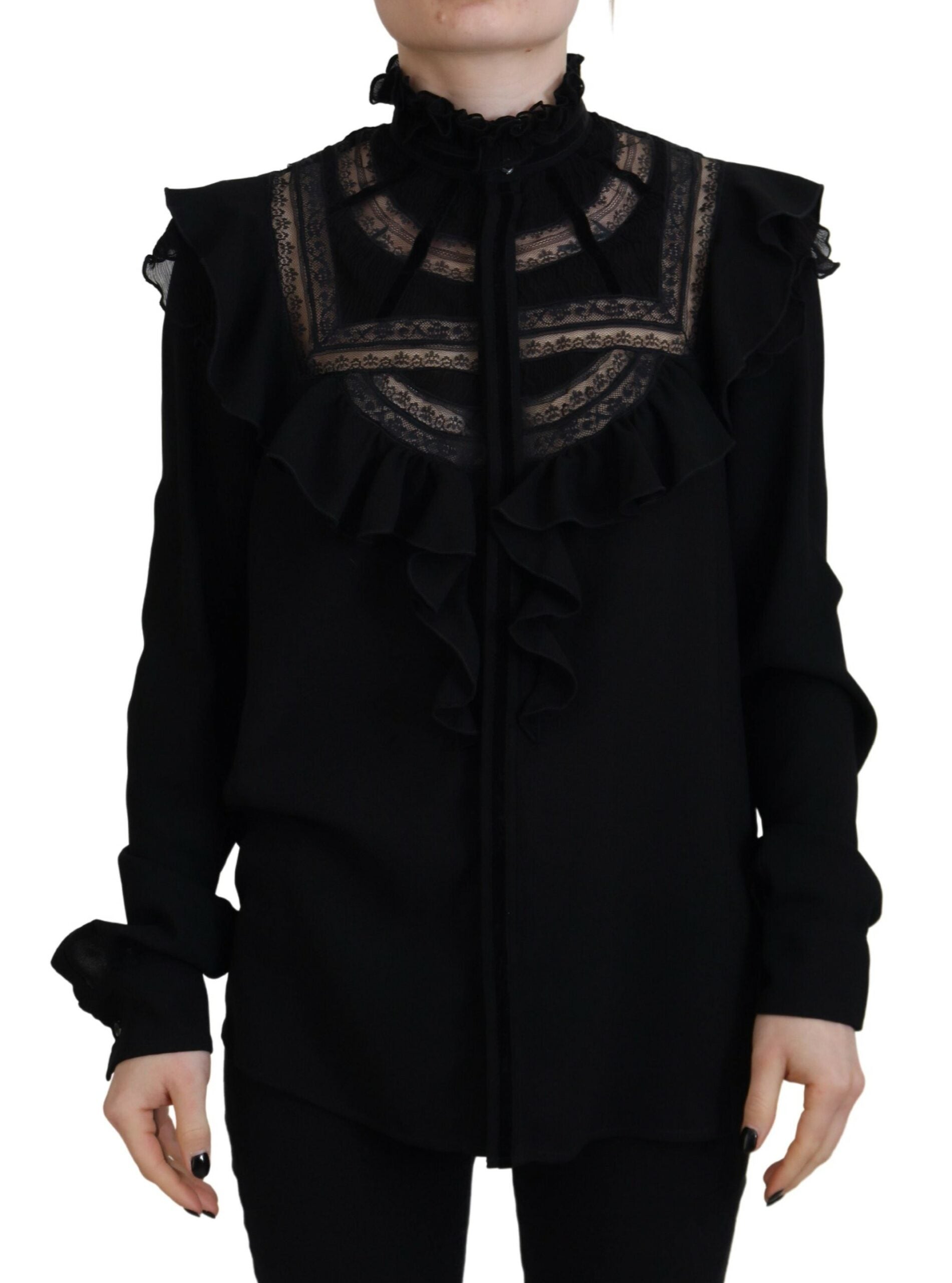 Dsquared² Black Lace Trim Turtle Neck Long Sleeves Top by Dsquared²