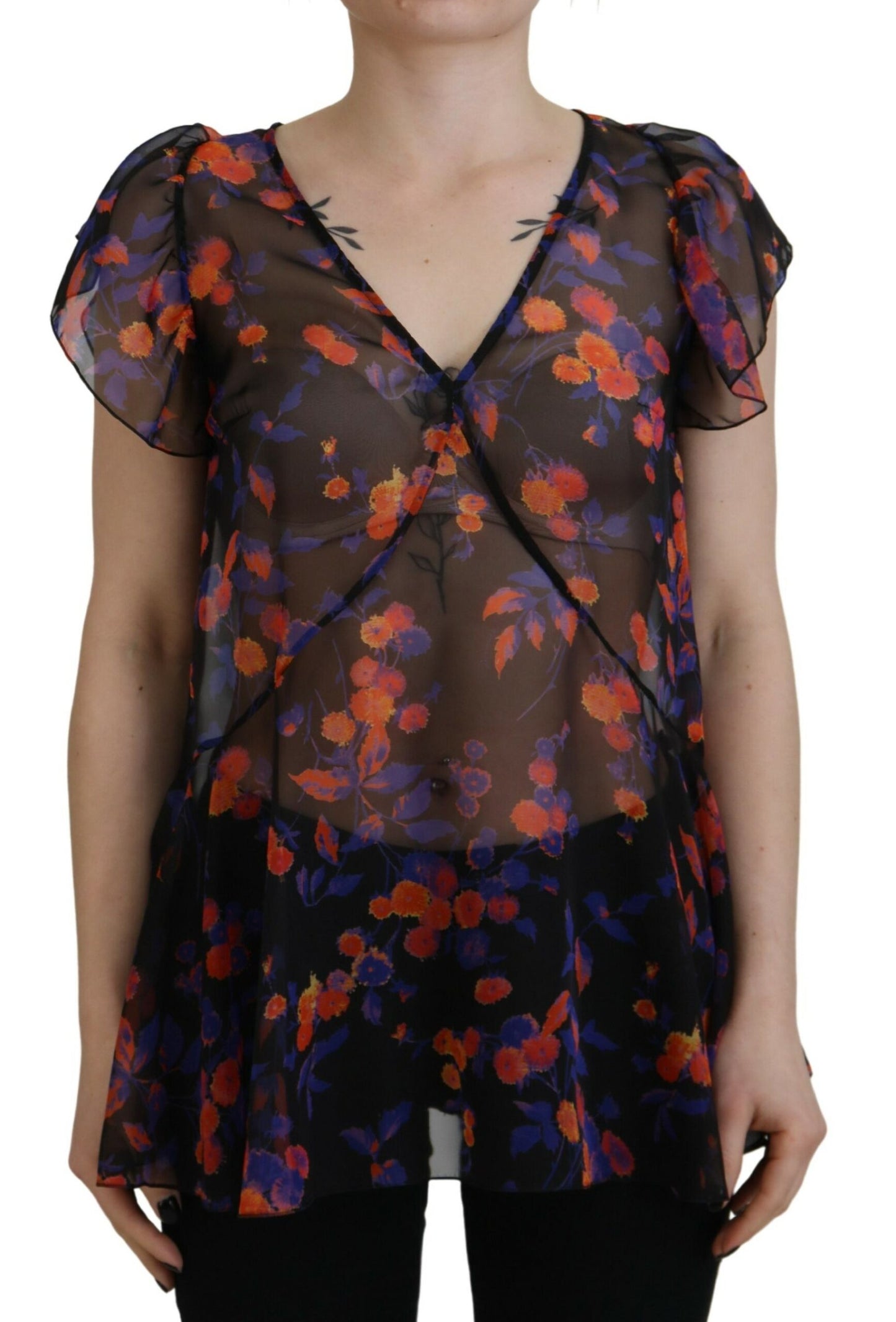 Dsquared² Black Floral Print Short Sleeves V-neck Blouse Top by Dsquared²