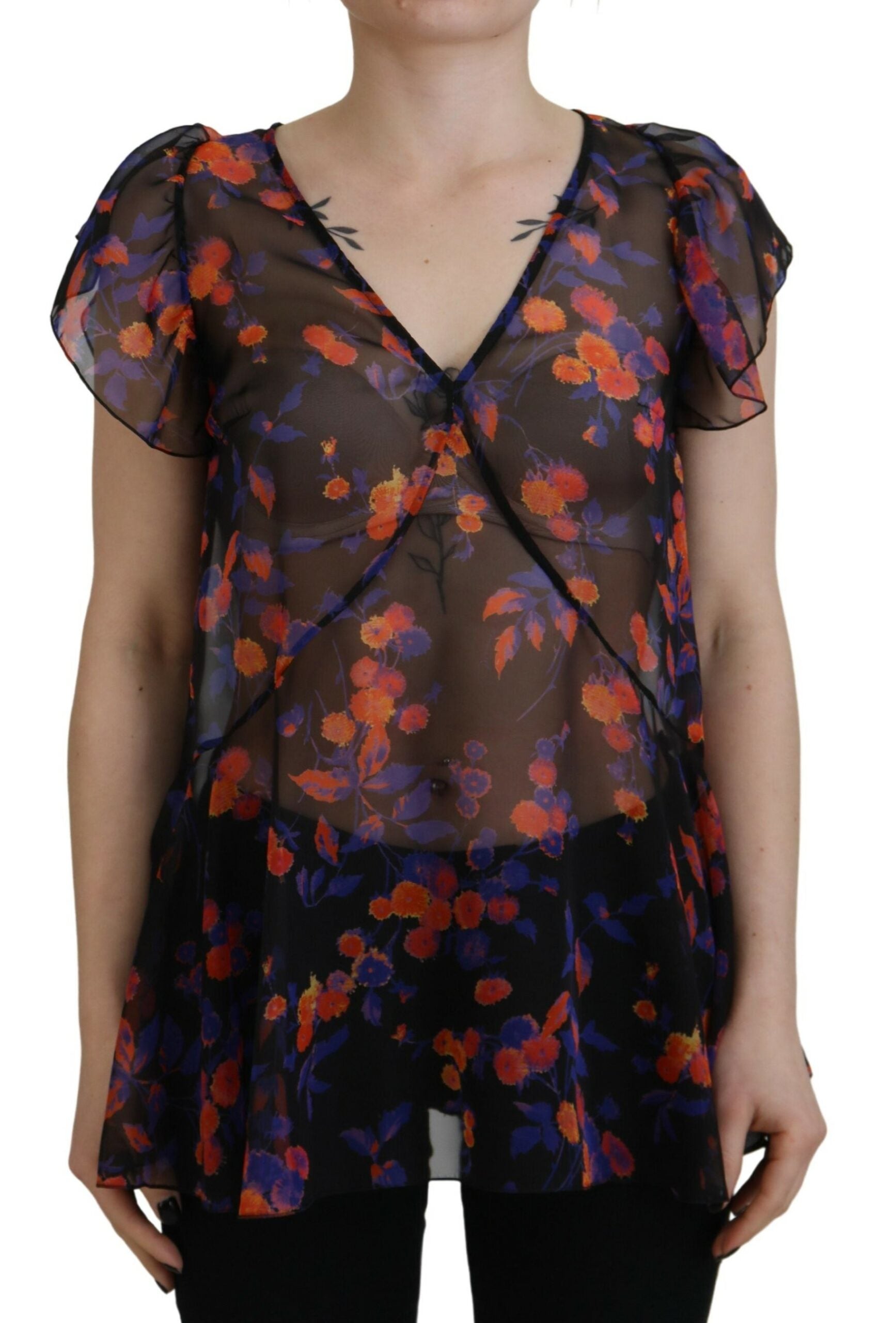 Dsquared² Black Floral Print Short Sleeves V-neck Blouse Top by Dsquared²