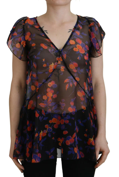 Dsquared² Black Floral Print Short Sleeves V-neck Blouse Top by Dsquared²