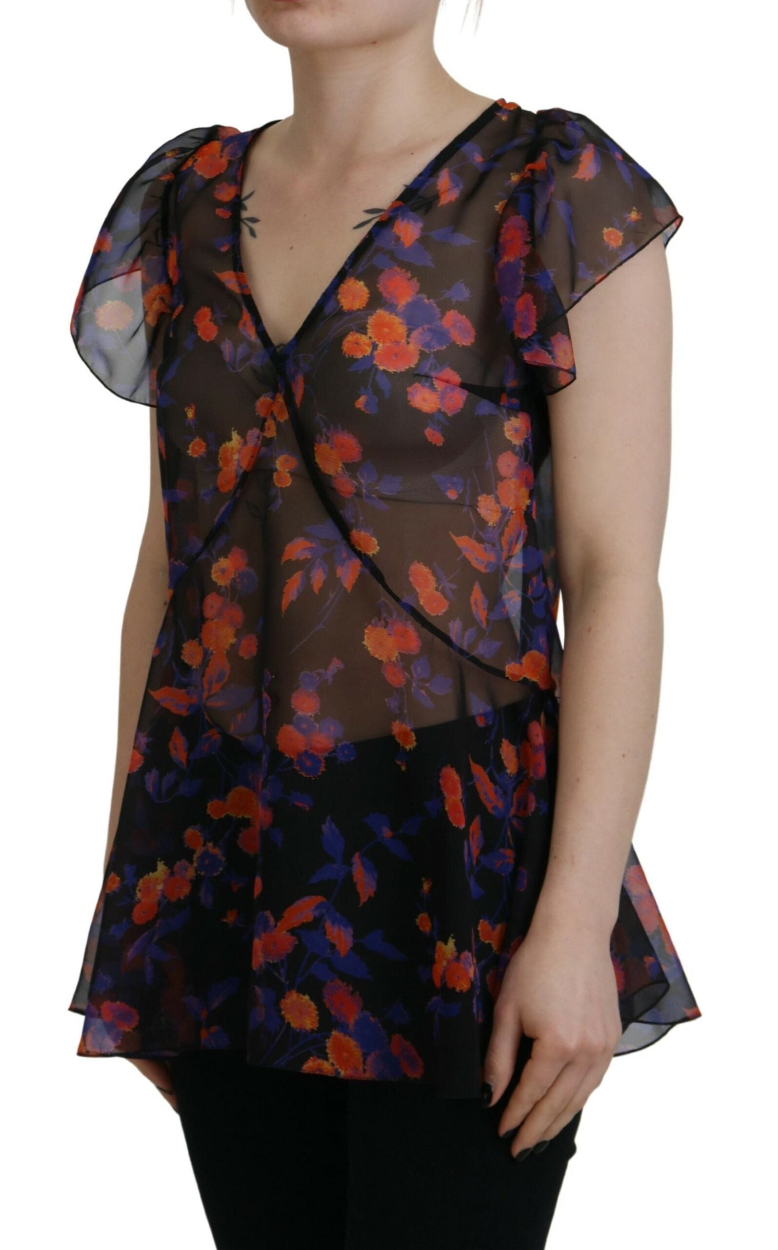 Dsquared² Black Floral Print Short Sleeves V-neck Blouse Top by Dsquared²