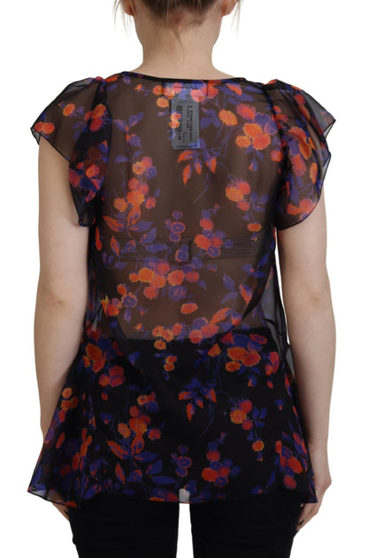 Dsquared² Black Floral Print Short Sleeves V-neck Blouse Top by Dsquared²