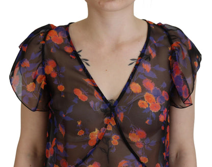 Dsquared² Black Floral Print Short Sleeves V-neck Blouse Top by Dsquared²