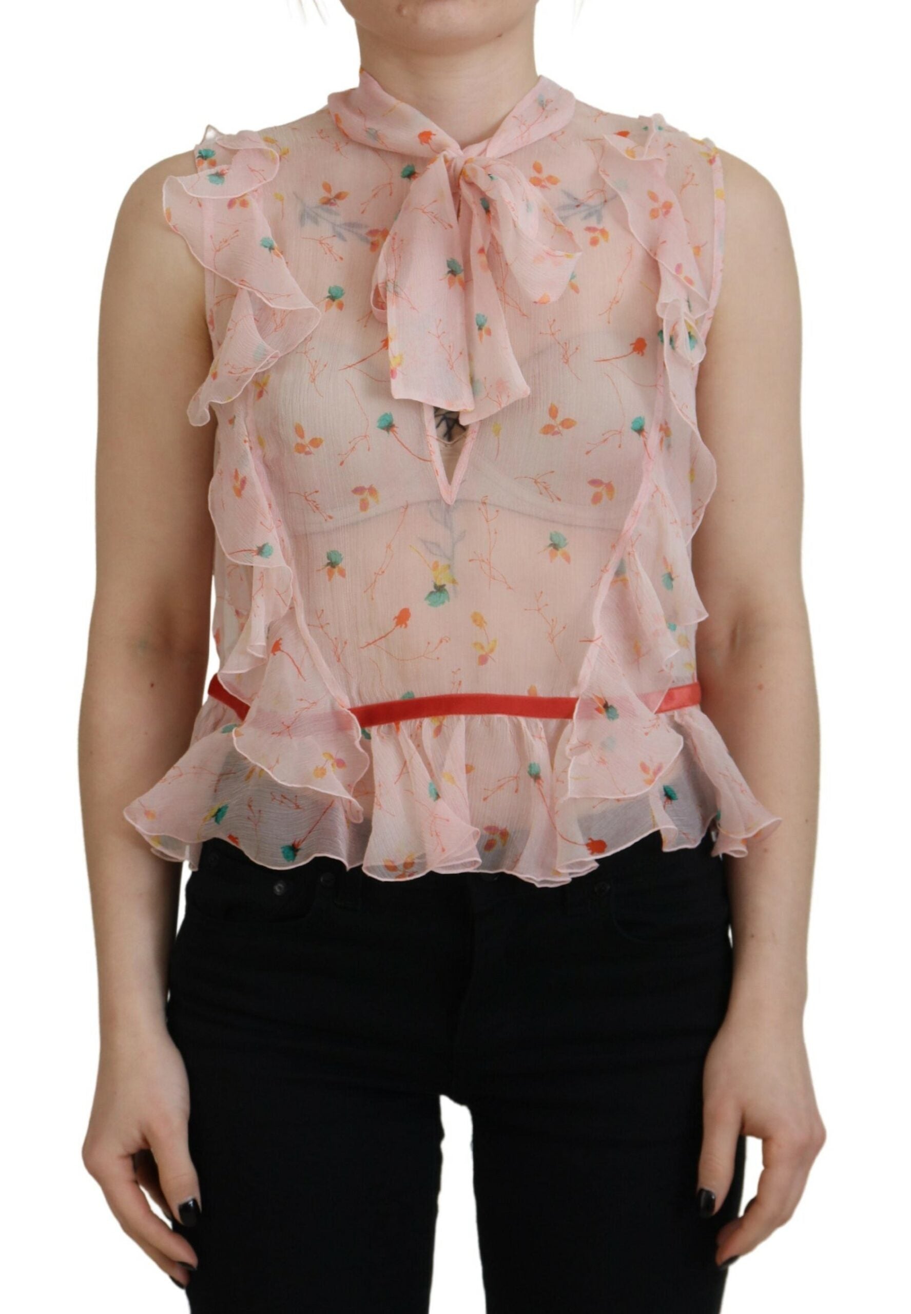 Dsquared² Pink Floral Print Silk Sleeveless Ascot Collar Top by Dsquared²