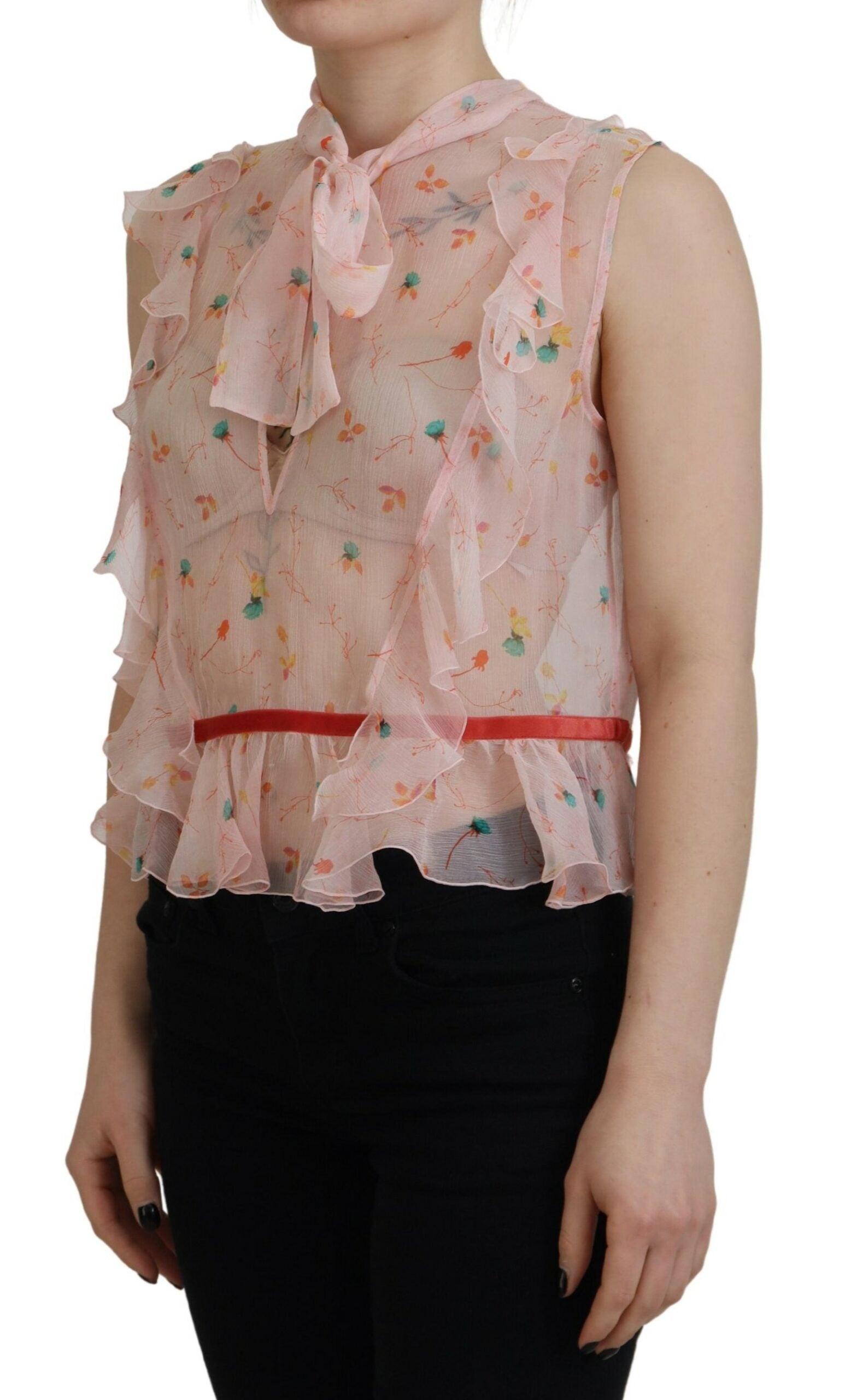 Dsquared² Pink Floral Print Silk Sleeveless Ascot Collar Top by Dsquared²