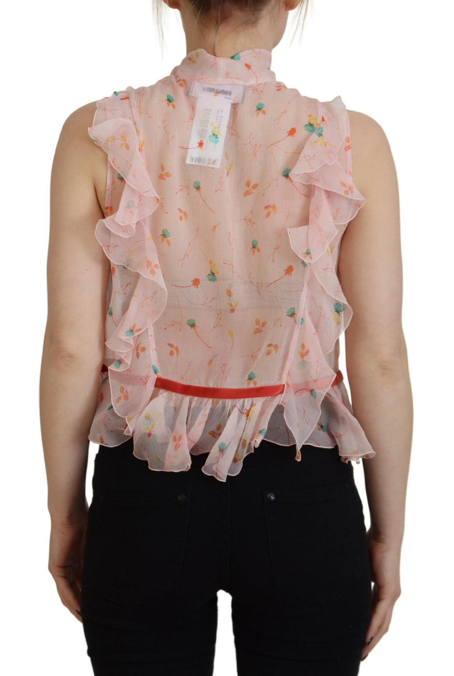 Dsquared² Pink Floral Print Silk Sleeveless Ascot Collar Top by Dsquared²