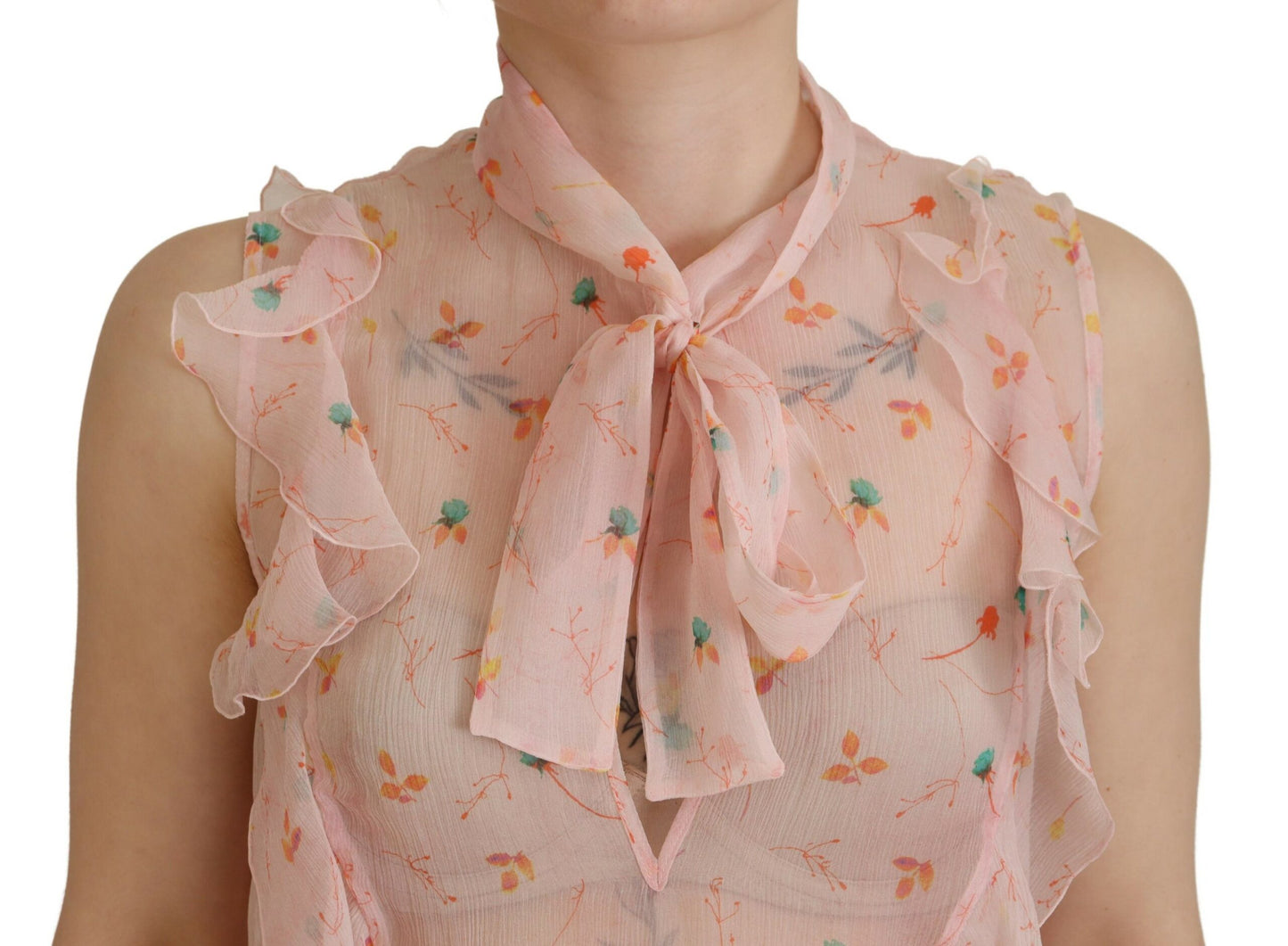 Dsquared² Pink Floral Print Silk Sleeveless Ascot Collar Top by Dsquared²